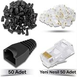 Derwell 50 Adet Yeni Nesil Ez RJ45 8P8C + 50 Adet Cover Siyah Set RJ45 2in1 Cover Jak Set Jak Kılıfı Pabuç Internet Kablo Ucu Ethernet Soket Utp Konnektör Siyah