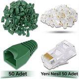 Derwell 50 Adet Yeni Nesil Ez RJ45 8P8C + 50 Adet Cover Yeşil Set RJ45 2in1 Cover Jak Set Jak Kılıfı Pabuç Internet Kablo Ucu Ethernet Soket Utp Konnektör Yeşil
