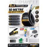 Derwell 5in1 Profesyonel Set; 10 Metre Dış Mekan Uyumlu Cat6 Internet Kablosu, Yeni Nesil RJ45/RJ11 Sıkma Pensesi, 100 Adet Delikli Ez Konnektör, 100 Adet Kılıf ve Test Cihazı Içeren Tam Ağ Kurulum Paketidir. - 10 METRE DIŞ MEKAN SET