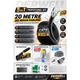 Derwell 5in1 Profesyonel Set; 20 Metre Dış Mekan Uyumlu Cat6 Internet Kablosu, Yeni Nesil RJ45/RJ11 Sıkma Pensesi, 100 Adet Delikli Ez Konnektör, 100 Adet Kılıf ve Test Cihazı Içeren Tam Ağ Kurulum Paketidir. - 20 METRE DIŞ MEKAN SET