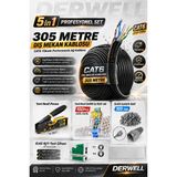 Derwell 5in1 Profesyonel Set; 305 Metre Dış Mekan Uyumlu Cat6 Internet Kablosu, Yeni Nesil RJ45/RJ11 Sıkma Pensesi, 100 Adet Delikli Ez Konnektör, 100 Adet Kılıf ve Test Cihazı Içeren Tam Ağ Kurulum Paketidir - 305 METRE DIŞ MEKAN SET