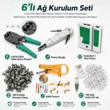 Derwell 6lı Ağ Kurulum Seti - Cat5 Cat6 Kablo Sıkma Pensesi, RJ45 RJ11 Test Cihazı, Krone Bıçağı, Kablo Soyucu, 100 Adet RJ45 Cat5/6 Utp Jak Konnektör ve 100LÜ Kablo Koruyucu Jak Papucu