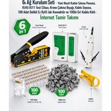 Derwell 6lı Ağ Kurulum Seti - Yeni Nesil Kablo Sıkma Pensesi, RJ45 RJ11 Test Cihazı, Krone Çakma Bıçağı, Kablo Soyucu, 100 Adet Delikli Ez RJ45 Jak Konnektör ve 100LÜ Gri Kablo Kılıfı - Internet Tamir Takımı