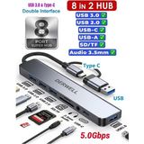 Derwell 8 Port Usb/type-C Çevirici Çoklayıcı 8 In 2 Hub USB 2.0 USB 3.0 Type C Tf/sd Kart Okuyucu Audio 3.5 Çoğaltıcı Adaptör Hepsi 1 Arada Çevirici USB Hub Adapter