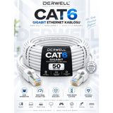 Derwell Cat6 50 Metre Gigabit Ethernet Internet Kablosu RJ45 Konnektörlü Bilgisayar Pc Modem Router Smart Tv Oyun Konsolu Ev Ofis Uyumlu 1000 Mbps Yüksek Hızlı Kesintisiz Lan Ağ Bağlantı Kablosu