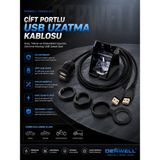 Derwell Çift Portlu Panel Tipi USB Uzatma Kablosu; Araç, Tekne ve Motosiklet Uyarıcı Gömme Soket Seti (Su Geçirmez Kapaklı, Montaj Aparatlı ve Vidali, Siyah Renk Dişi-Erkek Şarj Veri Aktarım Kablosu)