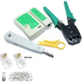 Derwell Kablo Soyucusu Pense RJ45 RJ11 Jak Sıkma Pensesi + Kablo Test Cihazı + Kablo Soyucu + Krone Bıçağı + RJ45 100 Lü Jak Utp 8P8C Set Network Aksesuarları
