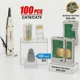 Derwell Krone Bıçağı Kep Kep RJ11 RJ45 Telefon + 100 Adet Yeni Nesil Delikli Ez RJ45 Jak + RJ45 RJ11 Test Cihazı Çantalı + 100 Adet Cover Kablo Ucu Koruma Kılıfı Network Set