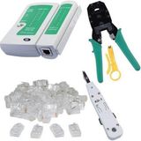 Derwell Network Seti RJ45 RJ11 Rj9 Sıkma Pensesi Cat5 Cat6 8P8C Çakma + Test Cihazı + Krone Bıçağı + 100'LÜ RJ45 Konnektörü Internet Bakım Seti 4'in 1 Set