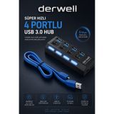 Derwell Süper Hızlı 4 Portlu USB 3.0 Hub Çoklayıcı Çoğaltıcı Adaptör Destekli PC Mac Uyumlu Işıklı On Off Bağımsız Anahtarlı Yüksek Hızlı Veri Aktarımı Sağlayan Siyah Dağıtıcı Switch Bağlantı Kablolu