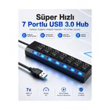 Derwell Süper Hızlı 7 Portlu USB 3.0 Hub Çoklayıcı Çoğaltıcı Adaptör Destekli PC Mac Uyumlu Işıklı On Off Bağımsız Anahtarlı Yüksek Hızlı Veri Aktarımı Sağlayan Siyah Dağıtıcı Switch Bağlantı Kablolu