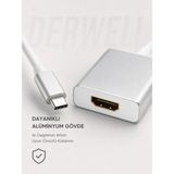 Derwell Type-C To HDMI Görüntü Ses Aktarıcı Dönüştürücü Adaptör | Telefon Tablet Laptop Televizyon Monitör Uyumlu Ekran Yansıtma Kablosu | Yüksek Performans Kolay Bağlantı Sunan Metal Gri Çevirici Aparat - Beyaz