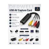 Derwell USB 2.0 AV Video Capture Card Analog Görüntü Ses Dijital Dönüştürücü Kartı Easycap Uyumlu Kamera DV VHS VCR DVD Oynatıcı Laptop Masaüstü PC Sürücüsüz Tak Çalıştır Kayıt Kartı RCA S-Video