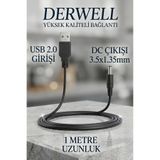 Derwell USB to DC 3.5x1.35mm 5V Güç Şarj Kablosu 1 Metre Modem Router Fan Mini Hoparlör Masa Lambası Akıllı Diş Fırçası Uyumlu Adaptör Çevirici Besleme Kablosu