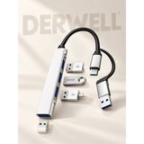 Derwell Yeni 2026 Çift Girişli USB Hub Çoklayıcı 4 Portlu Type-C ve USB A 3.0 Dönüştürücü Adaptör Laptop Pc Telefon Tablet Uyumlu Tak Çalıştır Klavye Mouse Harddisk Kart Okuyucu Yazıcı Bağlantı Aparatı Gri