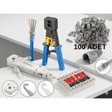 Derwell Yeni Nesil RJ45 Pense EZRJ45 Sıkma Pensesi RJ11 RJ12 Mavi Uzun + 100 Adet Yeni Nesil Delikli 8P8C Jak + 100 Adet Cover RJ45 Koruma Kılıfı + Krone Bıçağı Kep Kep Aleti Network