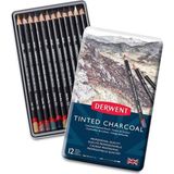 Derwent : Tinted Charcoal : Renkli Füzen Kalem Seti : 12 Renk Metal Kutu