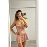 Derya Akyol Pudra Rengi Pul Payetli İp Askılı Mini Gece Elbisesi