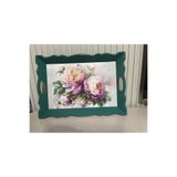 DERYA DESİNG ART Çiçek Desenli El Boyaması Ahşap Çay-Kahve Tepsisi, Sunum Tepsisi 39x27cm, Yeşil