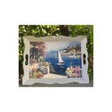 DERYA DESİNG ART Çiçek Desenli El Boyaması Ahşap Çay-Kahve Tepsisi, Sunum Tepsisi 39x31cm, Gri