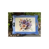 DERYA DESİNG ART Çiçek Desenli El Boyaması Ahşap Çay-Kahve Tepsisi, Sunum Tepsisi 39x31cm, Mavi