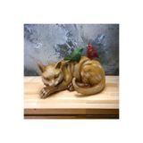 DERYA DESİNG ART Dekoratif Kuşlu Sarı Kedi Heykel Biblo, Ev Balkon Bahçe Dekorasyon, 32x17 cm