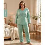 Derya Kadın Büyük Beden Dantel Yaka Bambu Uzun Kol İnce Pijama Takımı 8141Y - 1 Adet Yeşil 2Xl