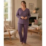 Derya Kadın Büyük Beden Dantel Yaka Bambu Uzun Kol İnce Pijama Takımı 8142L - 1 Adet Lila 3Xl