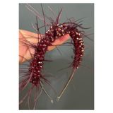 DesaAccessories Bordo Kristal Taşlı Tüylü, Nişan, Kına, Düğün Tacı