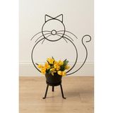 Desen Dekorasyon Kedi Figürlü Yer Saksılığı - Metal Üç Ayaklı Tek Saksı ve Çiçeklik - Siyah