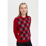 Desen Kadın Kazak - Polo Yaka Uzun Kol Minimalist Argyle Desen