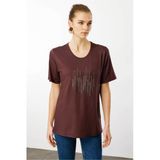 Desen Kadın Sıfır Yaka Taş Baskılı Penye T-Shirt