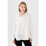 Desen Triko 23485 Ekru Polo Yaka Cepli Kadın Bluz