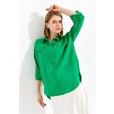 Desen Triko 23485 Yeşil Polo Yaka Cepli Kadın Bluz