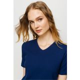 Desen Triko 23753 Lacivert V Yaka Kaşkorse Kadın Pamuk T-shirt