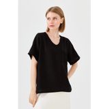 Desen Triko 23775 Siyah Kadın V Yaka Cebi File Keten T-shirt