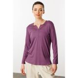 Desen Triko Açma Yaka Nakış İşlemeli Penye Bluz, XL, 25701, Lila, Kadın