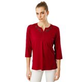 Desen Triko Açma Yaka Nakış İşlemeli Penye Bluz, XL, 25701, Vişne, Kadın