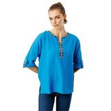 Desen Triko Açma Yaka Yakası Etnik Nakışlı Gömlek, XL, KMY24094, Saks, Kadın