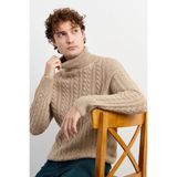 Desen Triko Erkek Balıkçı Yaka Saç Örgülü Yün Kazak 0242589 K. Bej - XL