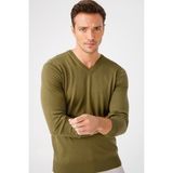 Desen Triko Erkek Basic V Yaka Ince Triko Kazak Haki - 4XL