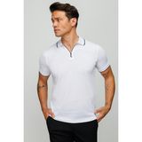 Desen Triko Erkek Fermuarlı Polo Yaka T-Shirt Beyaz - 4 XL