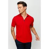 Desen Triko Erkek Fermuarlı Polo Yaka T-Shirt Kırmızı - XL