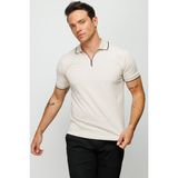 Desen Triko Erkek Fermuarlı Polo Yaka T-Shirt Taş - 3XL
