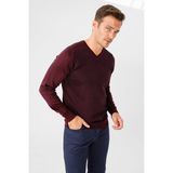 Desen Triko Erkek Önü Çizgili V Yaka Triko Kazak Bordo - 2XL