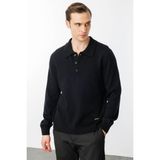 Desen Triko Erkek Polo Yaka Basic Yün Kazak Siyah - 2XL