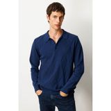 Desen Triko Erkek Polo Yaka Hasır Örgü Baklava Yürütmeli Yün Kazak Indigo - İndigo - XL