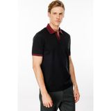 Desen Triko Erkek Polo Yaka Kolu ve Yakası Çizgili T-Shirt Siyah - 2XL
