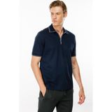 Desen Triko Erkek Polo Yaka Yakası Fermuarlı T-Shirt Lacivert - XL