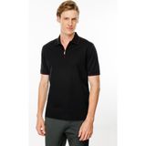Desen Triko Erkek Polo Yaka Yakası Fermuarlı T-Shirt Siyah - 2XL